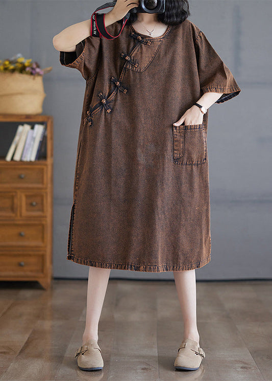 Side Long Denim O-Neck Button Short Sleeve Vintage Open Dresses