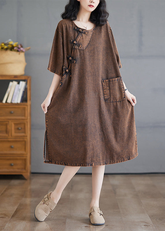 Seitlich lange Denim-O-Ausschnitt-Knopf-Kurzarm-Vintage-Open-Kleider