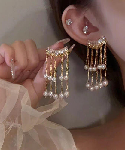 Vogue Earrings Copper Alloy Gold Drop Tassel Zircon Pearl