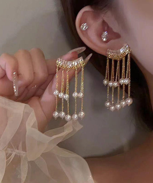 Vogue Earrings Copper Alloy Gold Drop Tassel Zircon Pearl