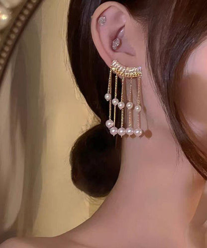 Vogue Earrings Copper Alloy Gold Drop Tassel Zircon Pearl