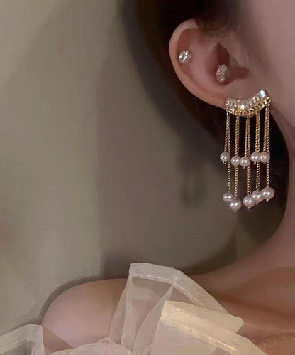 Vogue Earrings Copper Alloy Gold Drop Tassel Zircon Pearl