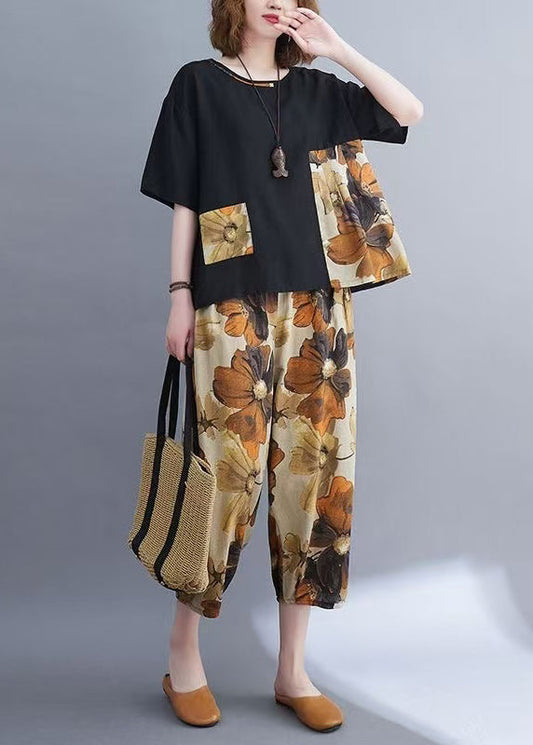 Patchwork Set Two-Piece Women Summer Cotton Oversized Black