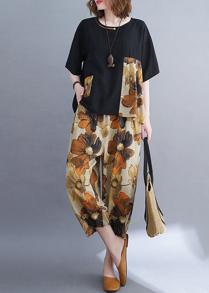 Patchwork Set Two-Piece Women Summer Cotton Oversized Black