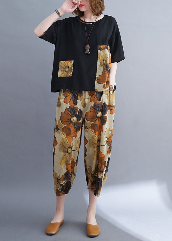 Patchwork Set Two-Piece Women Summer Cotton Oversized Black