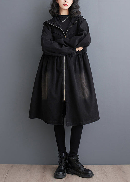 Long Trench Women Fall Denim Black Coats Peter Collar Zippered Pan