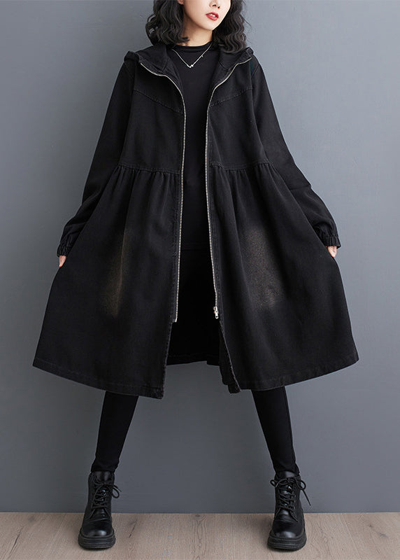 Long Trench Women Fall Denim Black Coats Peter Collar Zippered Pan