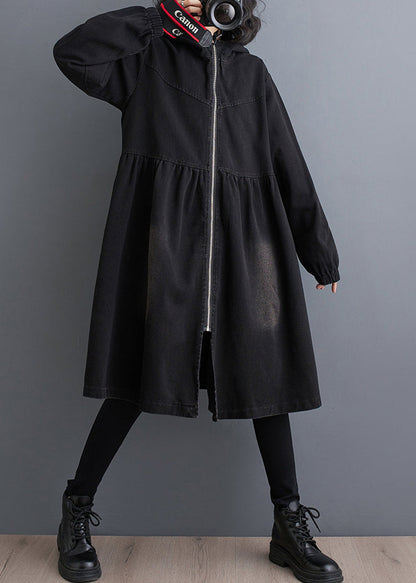 Long Trench Women Fall Denim Black Coats Peter Collar Zippered Pan