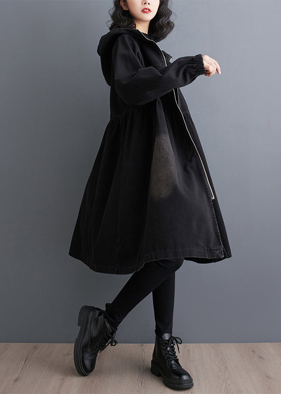 Long Trench Women Fall Denim Black Coats Peter Collar Zippered Pan