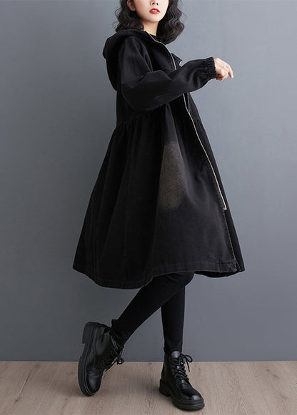 Long Trench Women Fall Denim Black Coats Peter Collar Zippered Pan