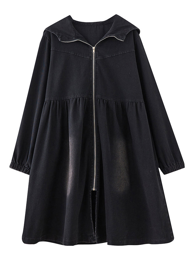 Long Trench Women Fall Denim Black Coats Peter Collar Zippered Pan