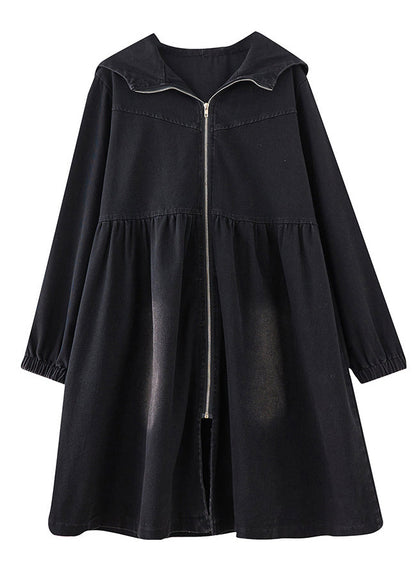 Long Trench Women Fall Denim Black Coats Peter Collar Zippered Pan