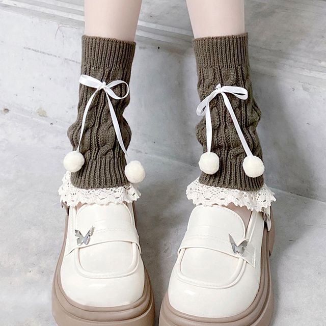 Knit Trim Lace Bobble Leg Bow Warmer