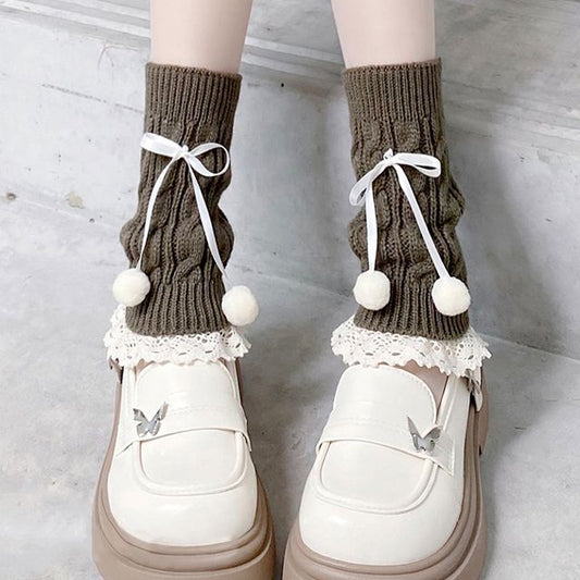 Knit Trim Lace Bobble Leg Bow Warmer