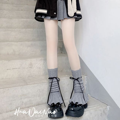 Bow Warmer Knit Pointelle Leg Shirred