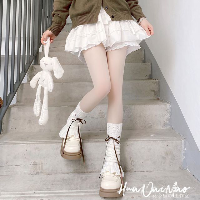 Bow Warmer Knit Pointelle Leg Shirred