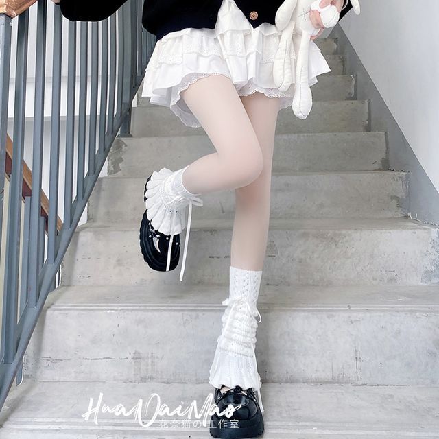 Bow Warmer Knit Pointelle Leg Shirred