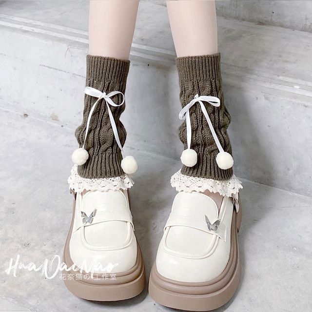 Knit Trim Lace Bobble Leg Bow Warmer