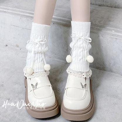 Knit Trim Lace Bobble Leg Bow Warmer