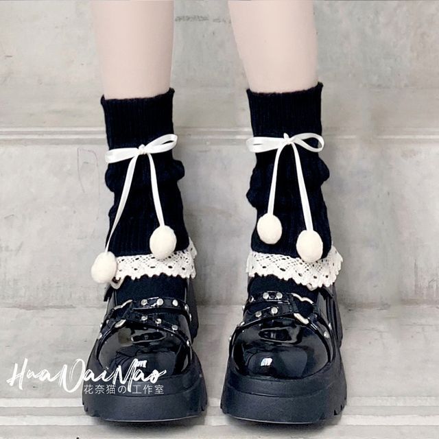 Knit Trim Lace Bobble Leg Bow Warmer