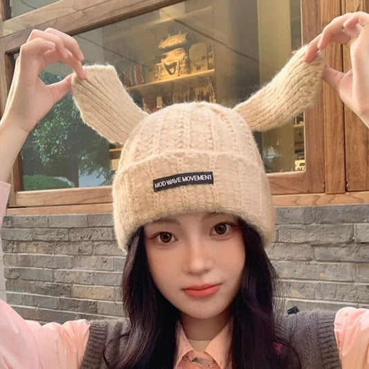 Applique Knit Beanie Rabbit Lettering Ear