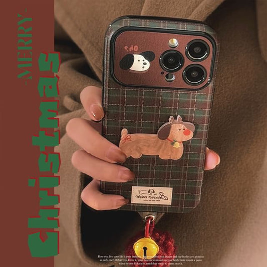 チェック柄チャームケース 携帯ポンポン ベル 犬セット /
