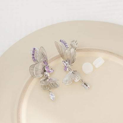 Butterfly Rhinestone Clip On / Drop Earring