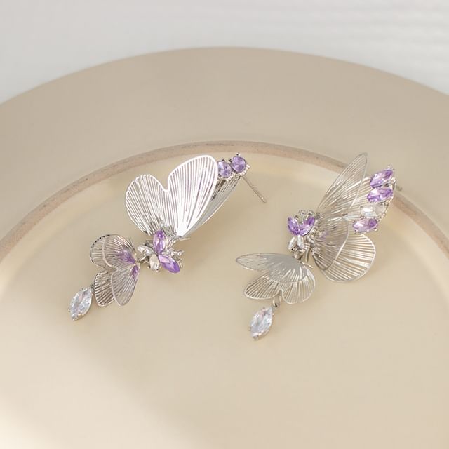 Butterfly Rhinestone Clip On / Drop Earring