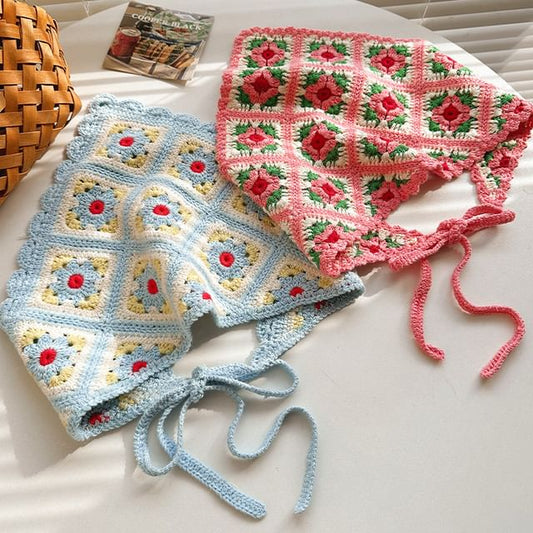 Triangle Knit Plaid Head Floral Scarf