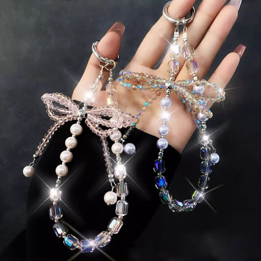 Pad Faux Phone with Pearl Lanyard Strap Bow Crystal