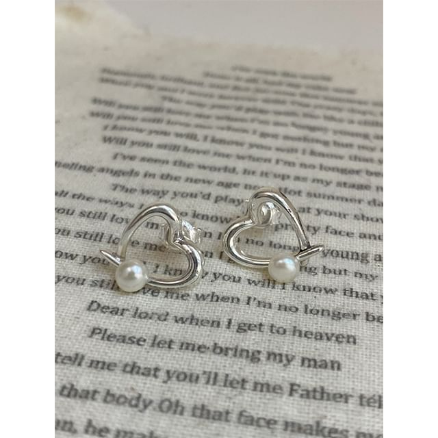 Earring Heart 925 Pearl Stud Faux Silver Sterling