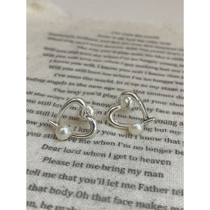 Earring Heart 925 Pearl Stud Faux Silver Sterling
