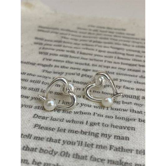 Earring Heart 925 Pearl Stud Faux Silver Sterling