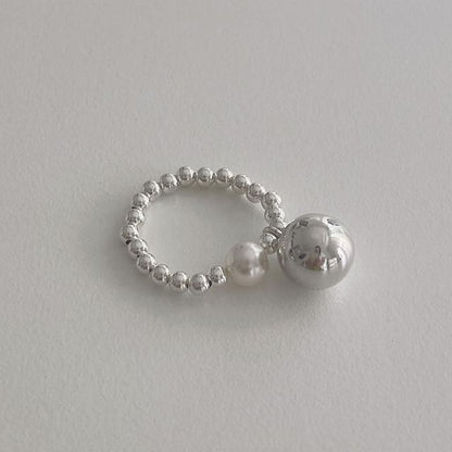 Silver Pearl Sterling Faux Ring Elastic Beaded 925