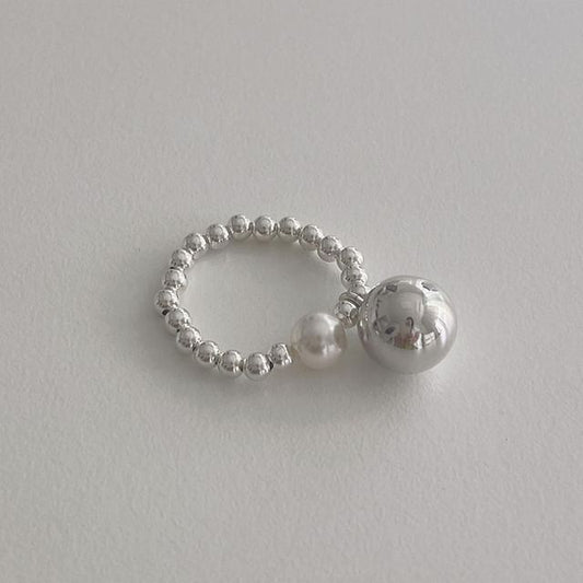 Silver Pearl Sterling Faux Ring Elastic Beaded 925
