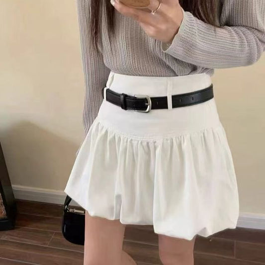 Bubble Hem + Plain High Belt A-Line Mini Set: Skirt Rise