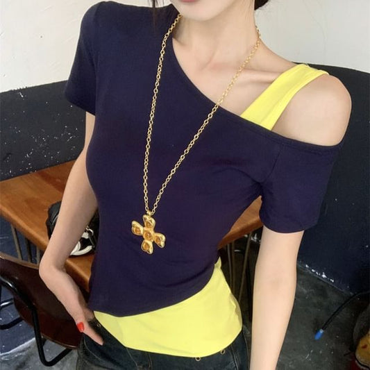Fit Tone Short-Sleeve Asymmetrical T-Shirt Cold-Shoulder Mock Slim Neck Two Two-Piece