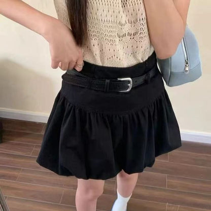 Bubble Hem + Plain High Belt A-Line Mini Set: Skirt Rise