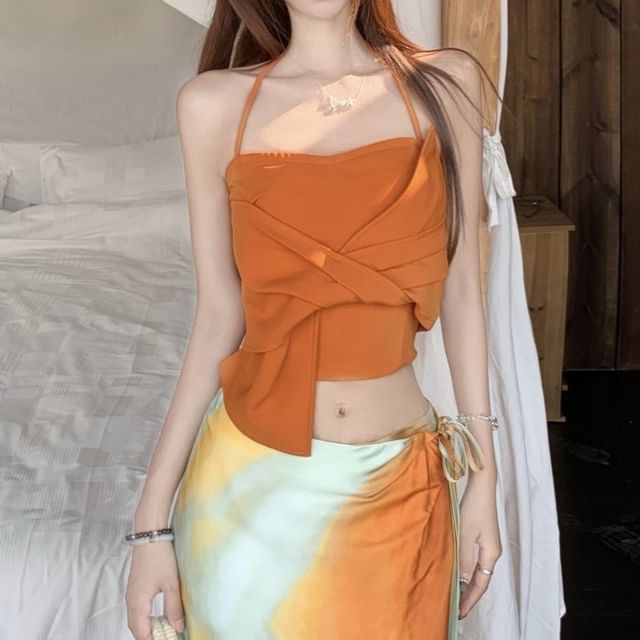Knot Wrap Tie Fit / Mid Slim Crop Maxi Cami Halter A-Line Top Skirt Plain Rise Dye