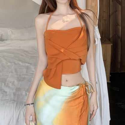 Knot Wrap Tie Fit / Mid Slim Crop Maxi Cami Halter A-Line Top Skirt Plain Rise Dye