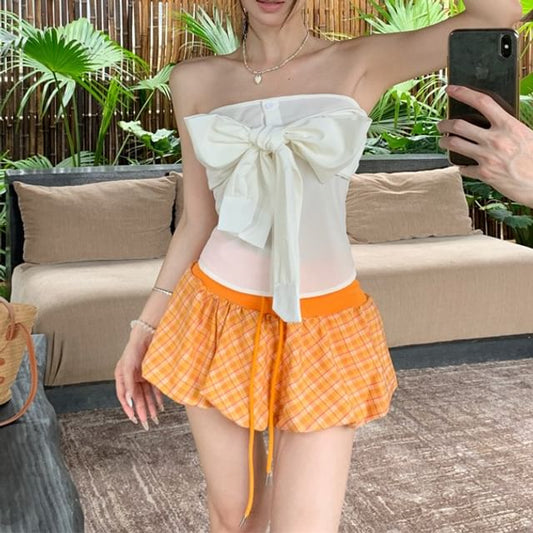 Skirt Waist / Plain Balloon A-Line Mini Tube Bow Drawstring Top Plaid