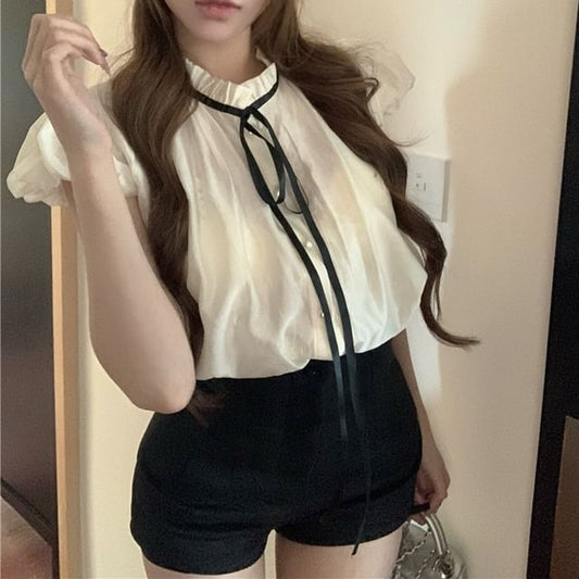 Blouse Sleeve Stand Plain High Waist Cap Collar Frill Bow Shorts /