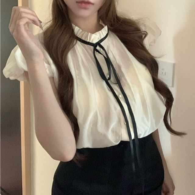 Blouse Sleeve Stand Plain High Waist Cap Collar Frill Bow Shorts /
