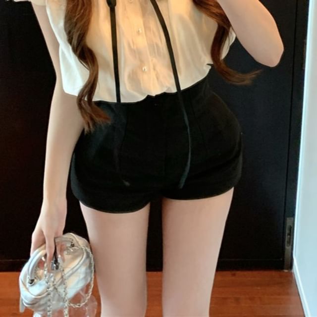 Blouse Sleeve Stand Plain High Waist Cap Collar Frill Bow Shorts /