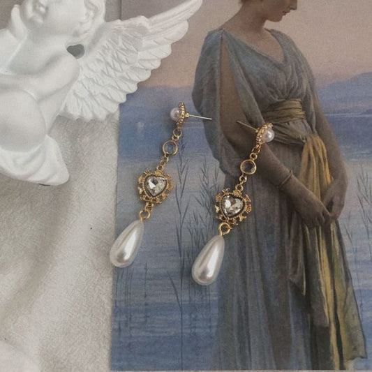 Dangle Pearl Alloy Heart Earring Faux Rhinestone