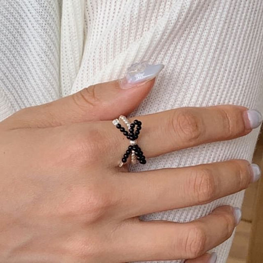Silver Sterling Beaded Bow Ring 925 Elastic