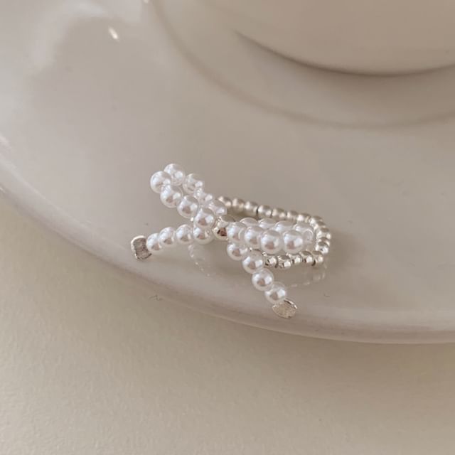 Silver Sterling Beaded Bow Ring 925 Elastic