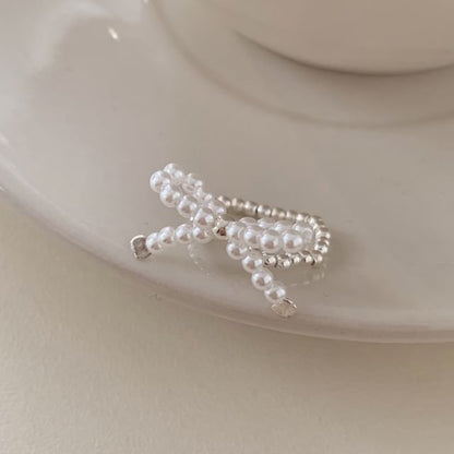 Silver Sterling Beaded Bow Ring 925 Elastic