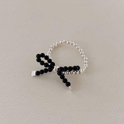Silver Sterling Beaded Bow Ring 925 Elastic