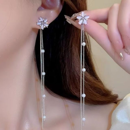Gemstone Floral Alloy Earring Pearl Threader Faux